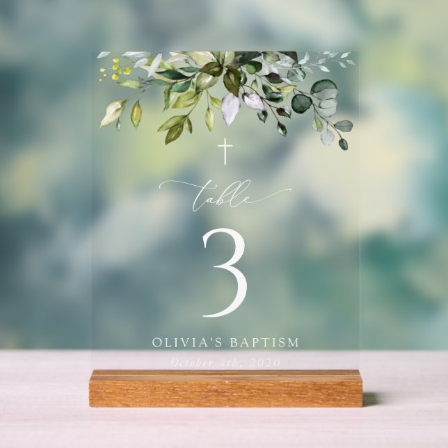 Panneau En Acrylique Greenery, Eucalyptus Leaves, Baptism Table Numbers (Neutre)
