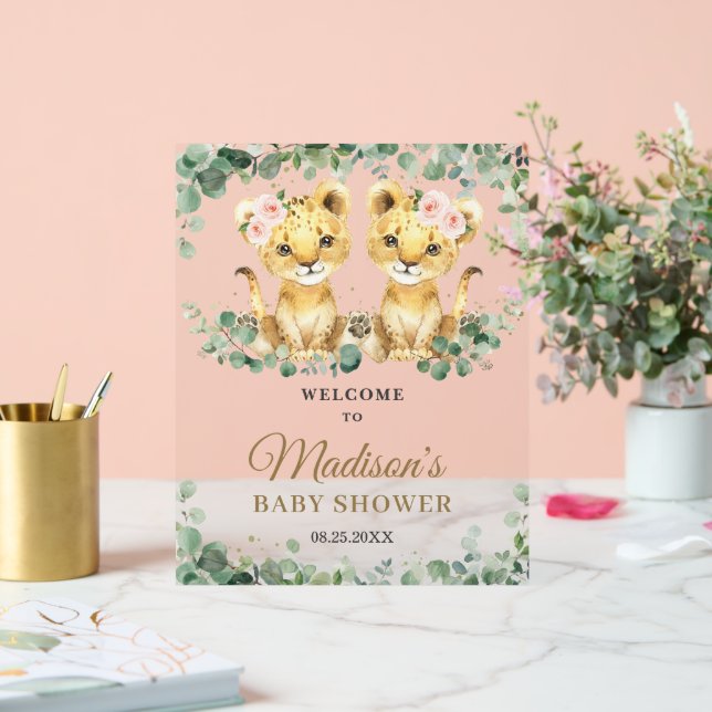 Panneau En Acrylique Greenery Lions Twin Girls Baby Shower Welcome (Mariage)