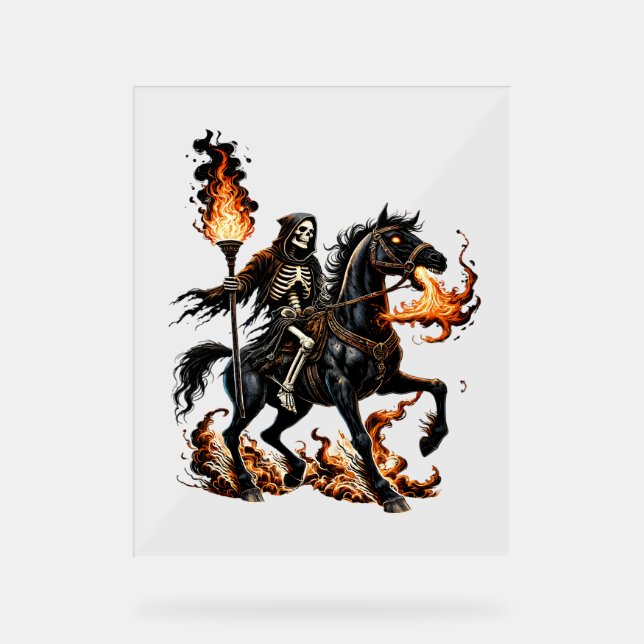 Panneau En Acrylique Grim Reaper Skeleton équitation Horse Flames (Recto)