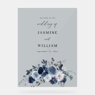 Panneau En Acrylique Gris - Bleu et Marine Mariage Floral Bienvenue