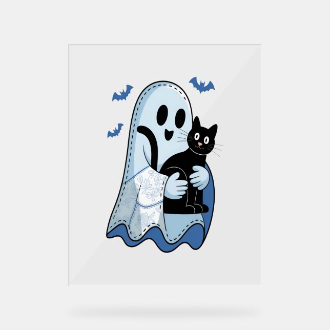 Panneau En Acrylique Halloween bleu Denim Ghost et chat (Recto)