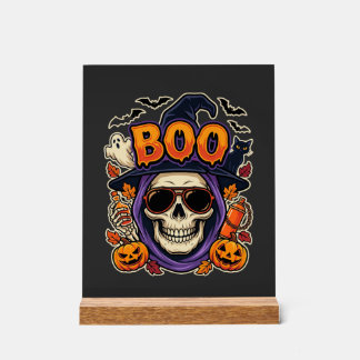 Panneau En Acrylique Halloween Boo Skull Sunglasses Vector