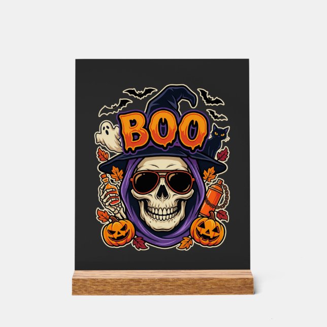 Panneau En Acrylique Halloween Boo Skull Sunglasses Vector (Recto)