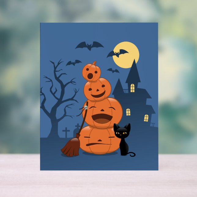 Panneau En Acrylique Halloween Citrouilles et chat noir (Neutre)