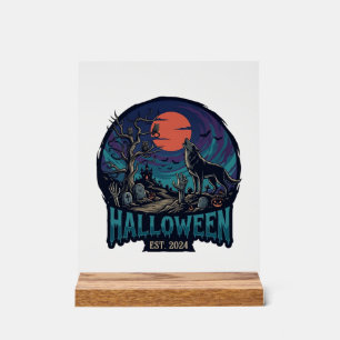 Panneau En Acrylique Halloween Est Hurlement Loup Lune Rouge Main Zombi
