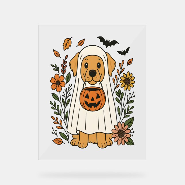 Panneau En Acrylique Halloween Golden Retriever Flowers (Recto)