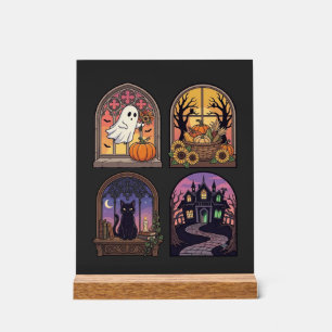Panneau En Acrylique Halloween Gothique Fenêtre Fantôme Citrouille Chat