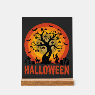 Panneau En Acrylique Halloween Haunted Tree Witch and Black Cats