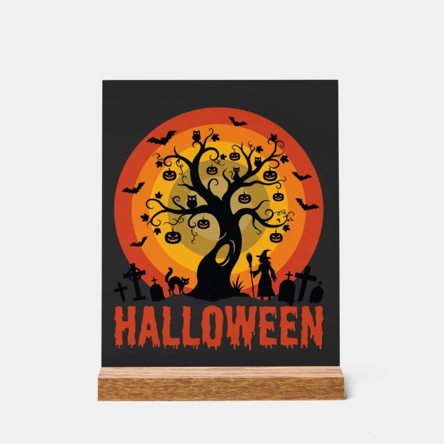 Panneau En Acrylique Halloween Haunted Tree Witch and Black Cats (Recto)