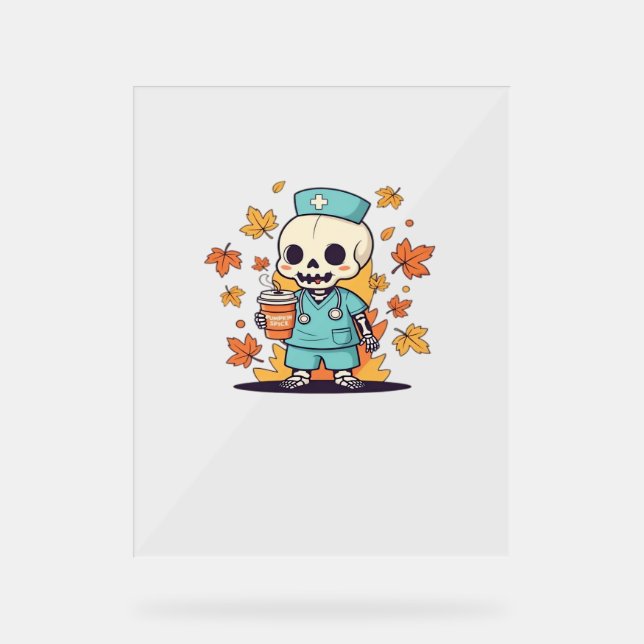 Panneau En Acrylique Halloween Skeleton Nurse Avec Café Classique T-Shi (Recto)