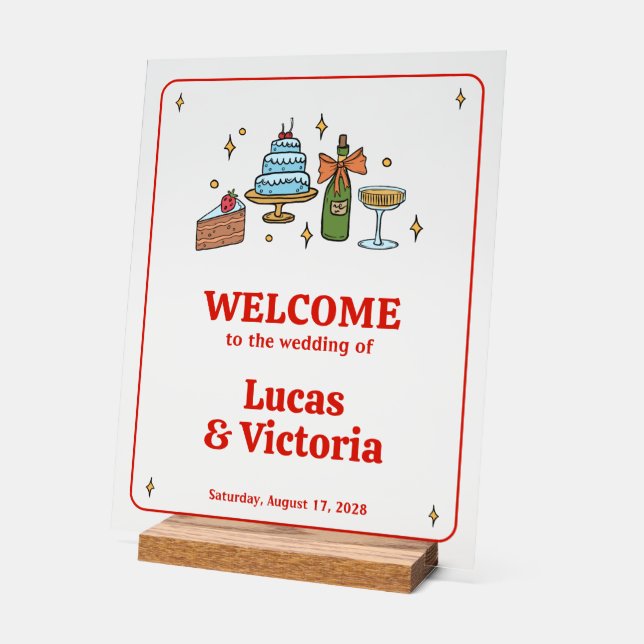 Panneau En Acrylique Hand Drawn Red Playful Whimsical Wedding Welcome (Angle)