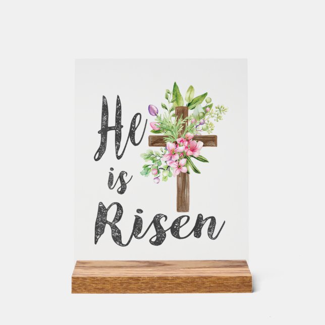 Panneau En Acrylique He is Risen Floral Cross Vintage Happy Easter T-Sh (Recto)