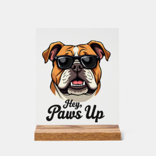 Panneau En Acrylique Hé Paws Up Bulldog Vintage avec Lunettes de Soleil