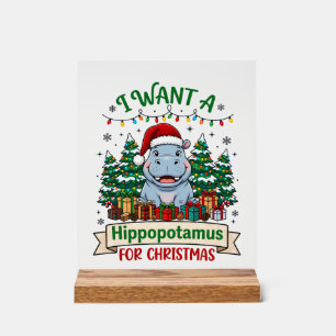 Panneau En Acrylique Hippopotame Noël Hippo Chapeau de Père Noël Arbres