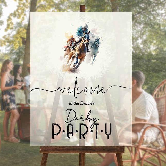 Panneau En Acrylique Hockey en aquarelle Jockey Derby Bienvenue (Watercolor racehorses and jockeys Derby Welcome acrylic sign)
