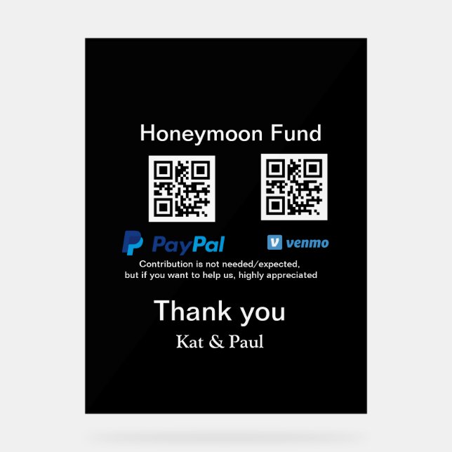 Panneau En Acrylique Honeymoon Fund PayPal Venmo QR code Merci (Recto)