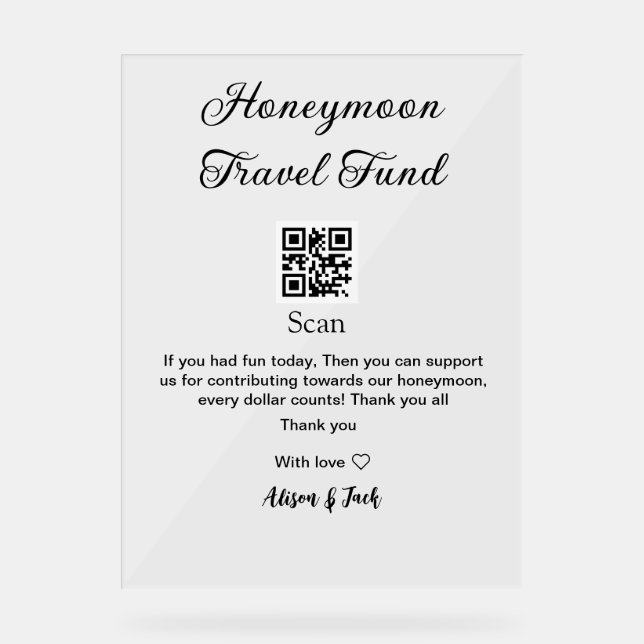 Panneau En Acrylique Honeymoon fund scan QR codeadd name  (Recto)