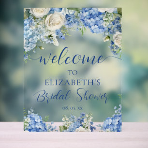 Panneau En Acrylique Hortensia Bleu Roses Blanches Floral Script Bienve
