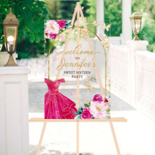 Panneau En Acrylique Hot rose papillon Sweet 16 Bienvenue