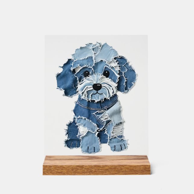 Panneau En Acrylique Illustration de chien en patchwork de denim mignon (Recto)
