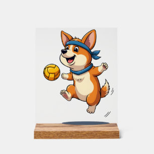 Panneau En Acrylique Illustration Vintage de Corgi jouant au Volleyball