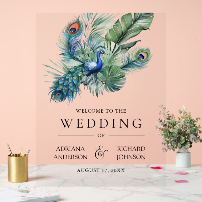 Panneau En Acrylique Indian Peacock Feathers Wedding Welcome (Mariage)