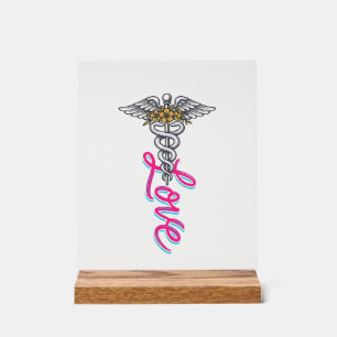 Panneau En Acrylique Infirmière Amour Caducée Floral Médical Design Ver