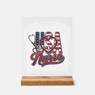 Panneau En Acrylique Infirmière Patriotique USA Cœur Stéthoscope Chemis