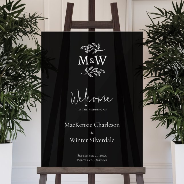 Panneau En Acrylique Initiales mariage Monogramme Couple Accueil Botani (Modern minimalist wedding couple monogram initial wedding welcome sign)