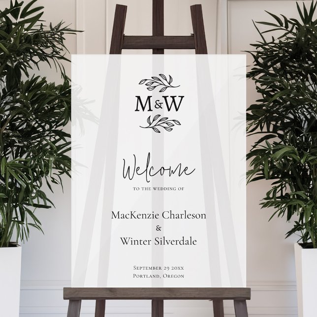 Panneau En Acrylique Initiales mariage Monogramme Couple Accueil Botani (Modern minimalist wedding couple monogram initial wedding welcome sign)