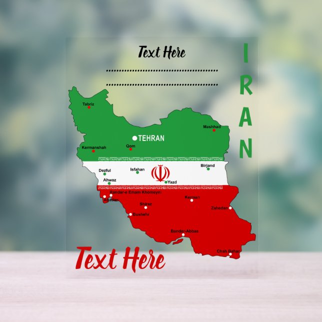 Panneau En Acrylique Iran Map with Flag and Emblem (Neutre)