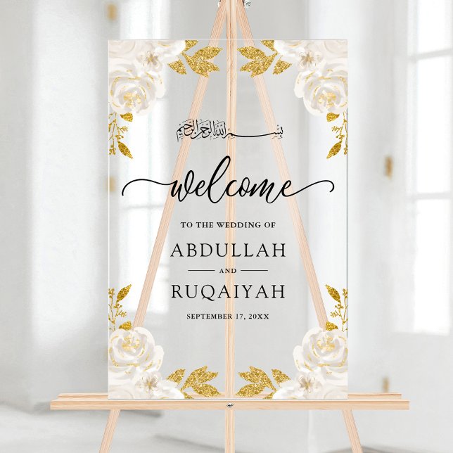 Panneau En Acrylique  Ivory Floral Gold Muslim Wedding Welcome (Créateur téléchargé)
