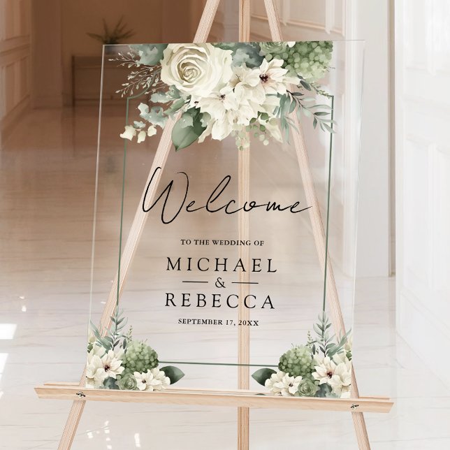 Panneau En Acrylique Ivory Rose Sage Green Floral Wedding Welcome (Créateur téléchargé)