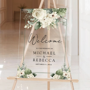 Panneau En Acrylique Ivory Rose Sage Vert Floral Mariage Bienvenue