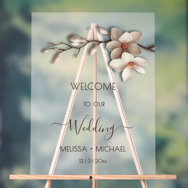 Panneau En Acrylique Ivory White 3D  Magnolia Flowers Wedding Welcome (Neutre)
