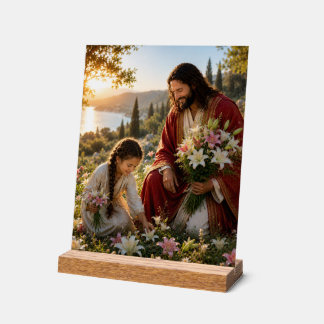 Panneau En Acrylique Jésus et petite fille cueillant des lys