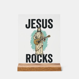 Panneau En Acrylique Jésus Rocks Guitare Gravure Chrétienne Vintage Des