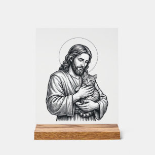 Panneau En Acrylique Jésus vintage tenant un chat gravure graphique_1