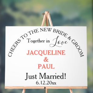 Panneau En Acrylique Jeune Mariée et Jeune Mari Noms de Corail Blanc