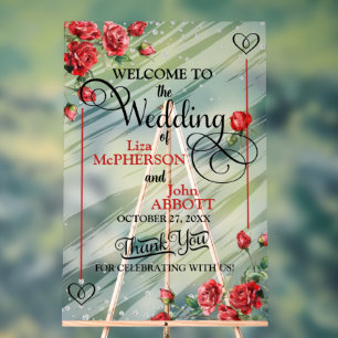 Panneau En Acrylique Joli Floral Roses Rouge Mariage Bienvenue