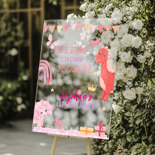 Panneau En Acrylique Jolie Fille Bébé Dino Dinosaure Rose Anniversaire