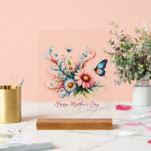 Panneau En Acrylique Joyeuse fête des Mères florale rose et bleue