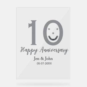 Panneau En Acrylique Joyeux 10e anniversaire nom date gris gras émoji