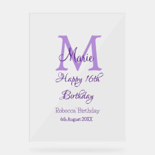 Panneau En Acrylique Joyeux 16e anniversaire violet ajouter nom monogra