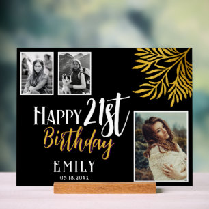 Panneau En Acrylique Joyeux 21e anniversaire Gold Foliage 3 Fond photo