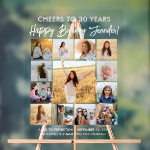 Panneau En Acrylique Joyeux Anniversaire moderne Script Photo Collage P