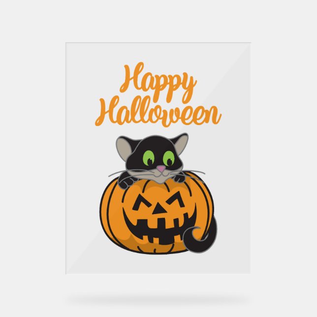 Panneau En Acrylique Joyeux Citrouille de chats Halloween (Recto)