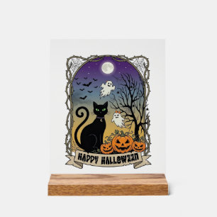 Panneau En Acrylique Joyeux Halloween Chat Noir Fantômes Citrouilles_1
