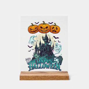 Panneau En Acrylique Joyeux Halloween Château Hanté Citrouilles Fantôme