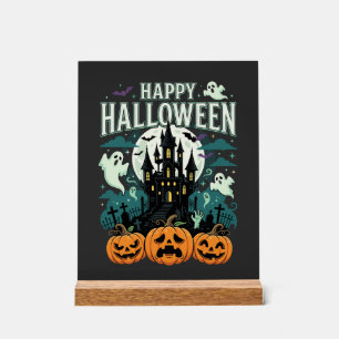 Panneau En Acrylique Joyeux Halloween Château Hanté Fantômes et Citroui